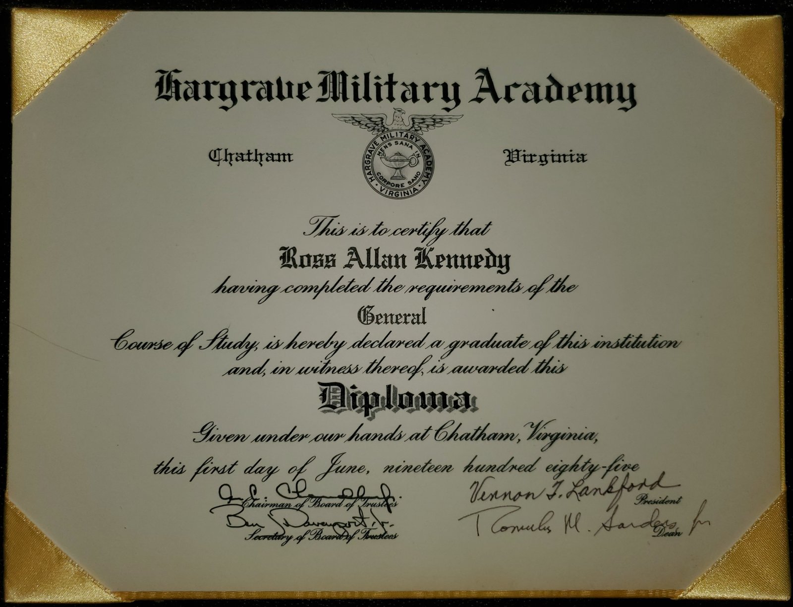 Hargrave Military Academy diploma